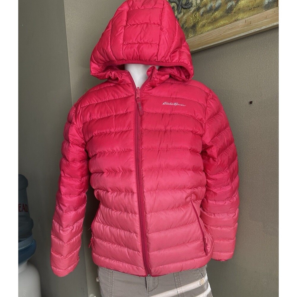 Eddie Bauer Puffer Jacket Duck Down Full Zip Girls Large 14/16 Ombre Hot Pink